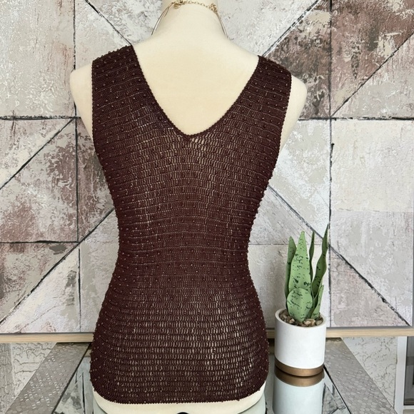 Sophie Chang Studio Women's Brown Sleeveless Mesh Knit Beaded Blouse Size Large - Picture 3 of 11